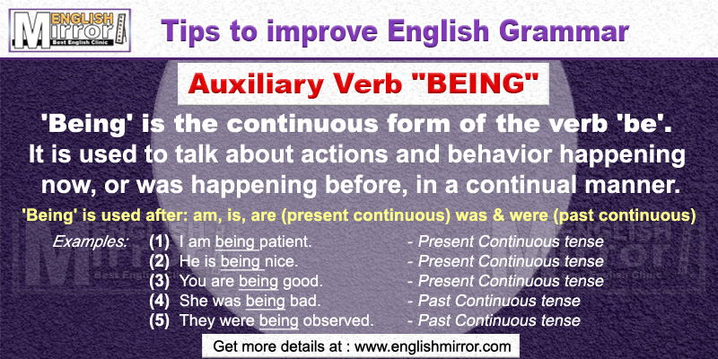 Use of Auxiliary Verb 'Being' in English Grammar