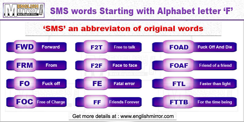 SMS words with alphabet letter F in English