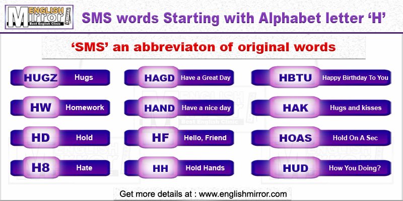 SMS words with alphabet letter H in English