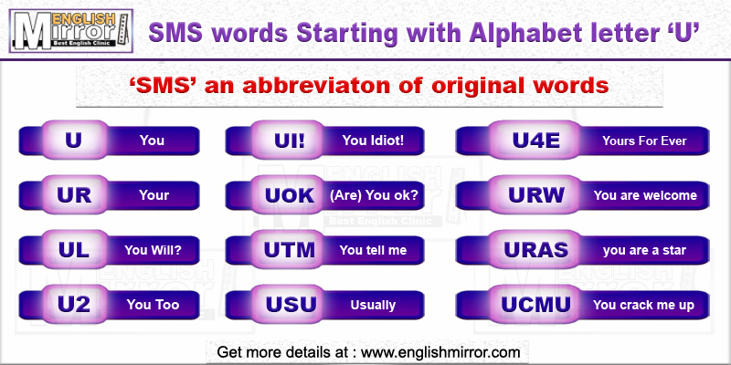 SMS words with alphabet letter U in English