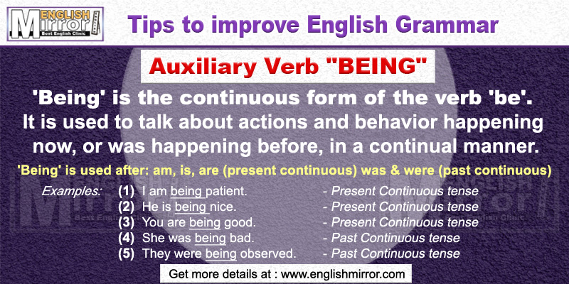 Use of Auxiliary Verb 'Being' in English
