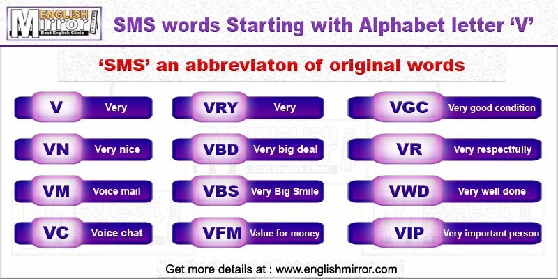 SMS words with alphabet letter V in English