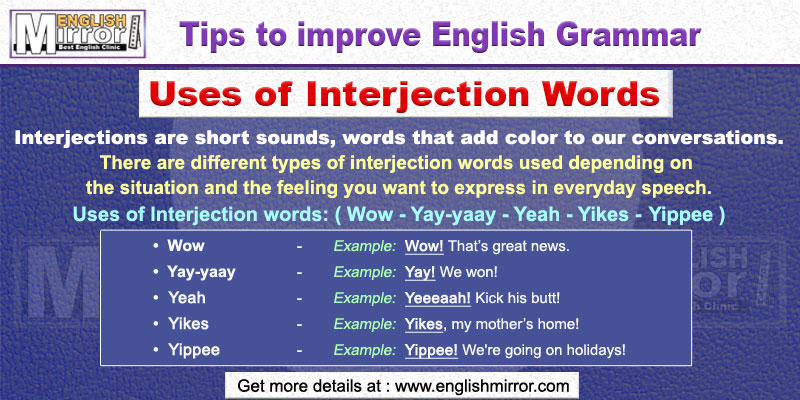 Usage of interjection words Wow, Yay-yaay, Yeah, Yikes, Yippee in English